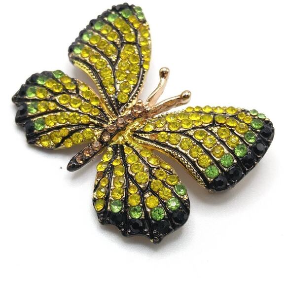 Vintage Butterfly Brooch Yellow Green Black Rhinestones Gold Tone Insect Pin - Picture 3 of 8
